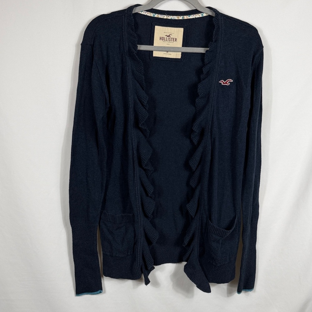 Hollister Y2K Womens Dark Blue Ruffle Open‎ Front Cardigan. Size M. Rabbit hair